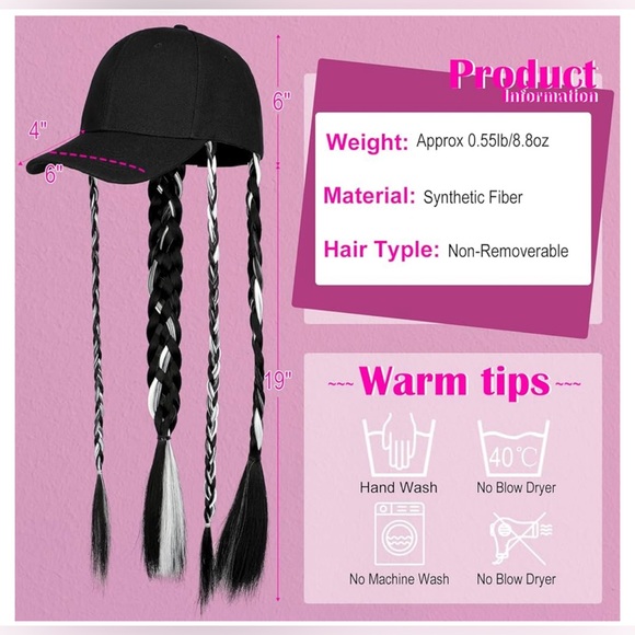 Baseball Cap Hat Wig with Long Braided Synthetic Hair Extension 25" Braided Pony - Picture 4 of 12